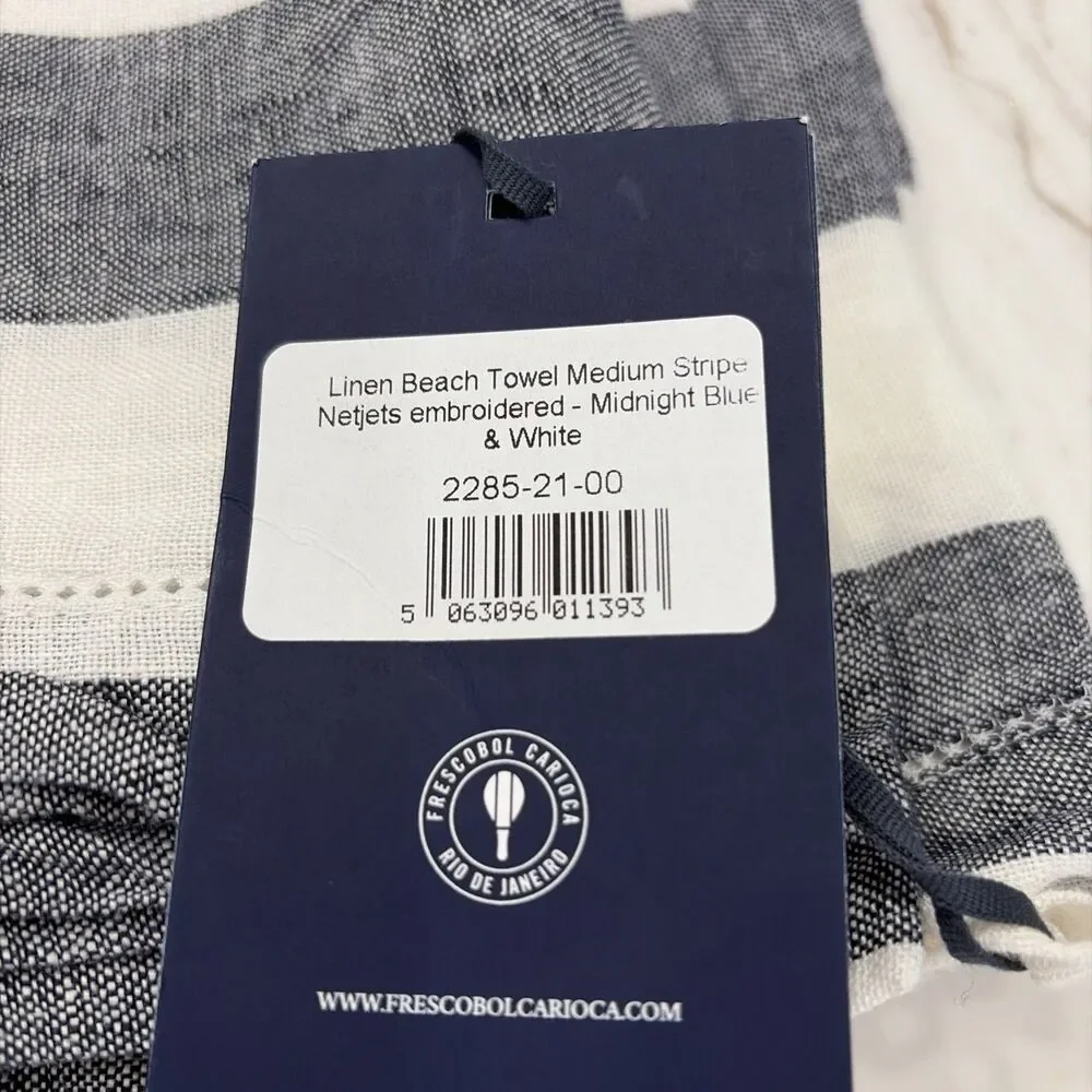 NWT Frescobol Carioca 100% Linen Beach Towel Midnight Blue Striped- Netjets EXC!